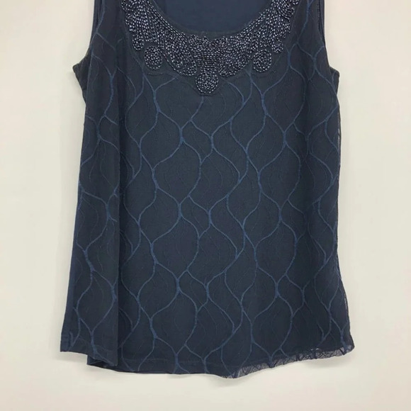 RW&Co Navy Sleeveless Beaded Mesh Detail Tank Top size M - Picture 3 of 15
